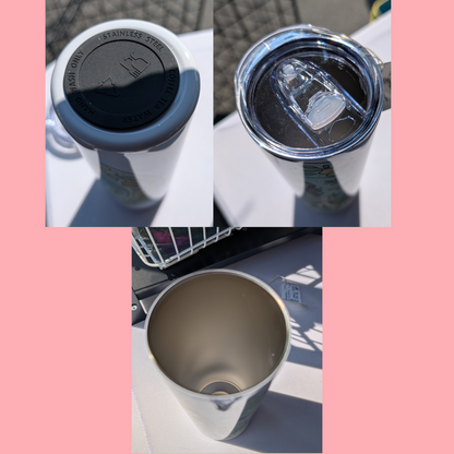 Stainless Steel 20 oz Tumbler back view. Here you see the background dark grey almost black color. Witch Fantasy Gifts for Her
