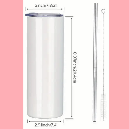 white tumbler with lines and measurements. The lid is 3 inches across. The tumbler is 8.07 inches high and 2.91 inches across. Included are pictures of the metal straw and cleaning brush that come with the tumbler.