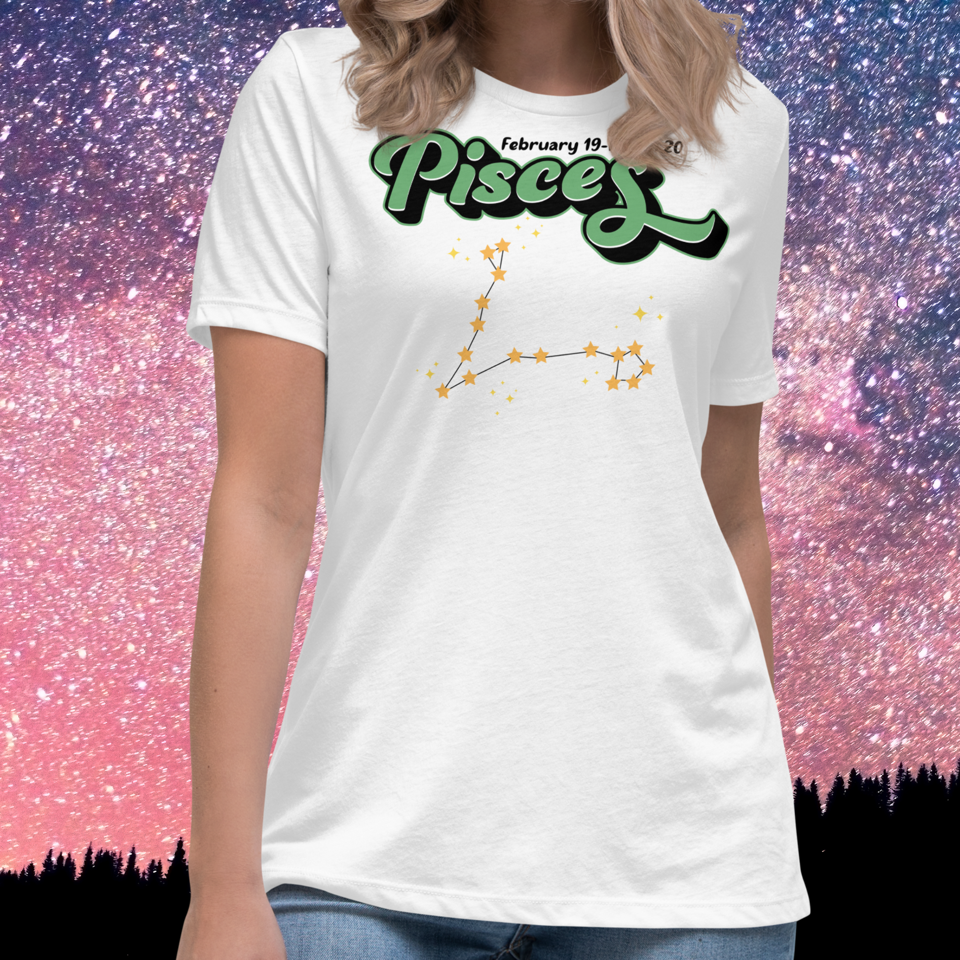 Front view of model wearing white women's Pisces Tee. This Astrology T-Shirt has the word Pisces in large minty green script shadowed in black for a 3-D effect. Above this it Says February 19-March 20. Under Pisces is the star constellation with yellow stars connected by a black line and yellow smaller stars surrounding this. The perfect February or March Birthday Gift for Her or yourself.