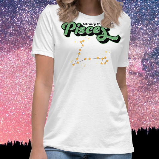 Front view of model wearing white women's Pisces Tee. This Astrology T-Shirt has the word Pisces in large minty green script shadowed in black for a 3-D effect. Above this it Says February 19-March 20. Under Pisces is the star constellation with yellow stars connected by a black line and yellow smaller stars surrounding this. The perfect February or March Birthday Gift for Her or yourself.