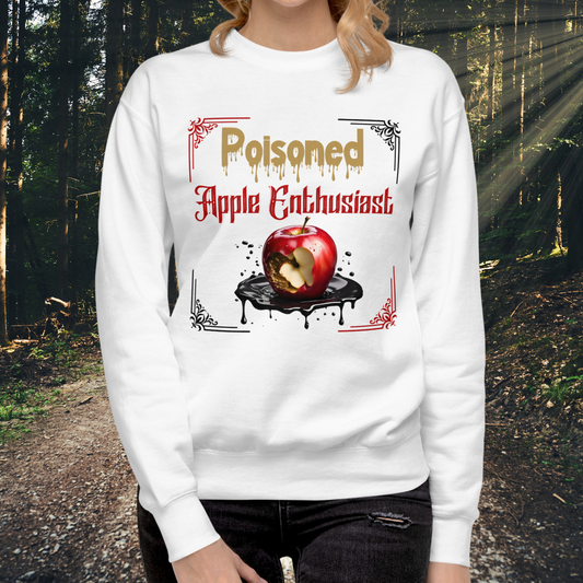 Women's Sweatshirt Poisoned Apple Enthusiast, Graphic Red apple missing a bite beginning to rot sitting in a pool of black poison. Dark Fantasy Gift for Her, Front View