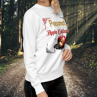 Women's Sweatshirt Poisoned Apple Enthusiast, Graphic Red apple missing a bite beginning to rot sitting in a pool of black poison. Dark Fantasy Gift for Her, Right side view on model