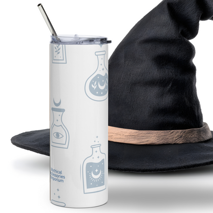 Potion Cat and Mouse Tumbler Back View. Here you see the back of the tumbler with grey outlines of potion bottles. You can see the metal straw extending above the tumbler's lid. Book Lover Gift