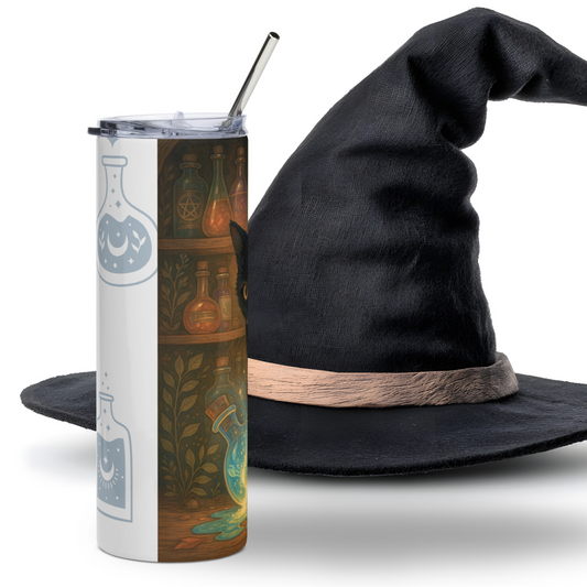 Right Side of 20 oz skinny tumbler. You can see potion bottles on shelves. Top of potion bottle spilling blue glowing liquid and the tip of a black cat ear. The metal straw is extending above the water bottle and you see the edges of the lid. Black Cat Witch Decor