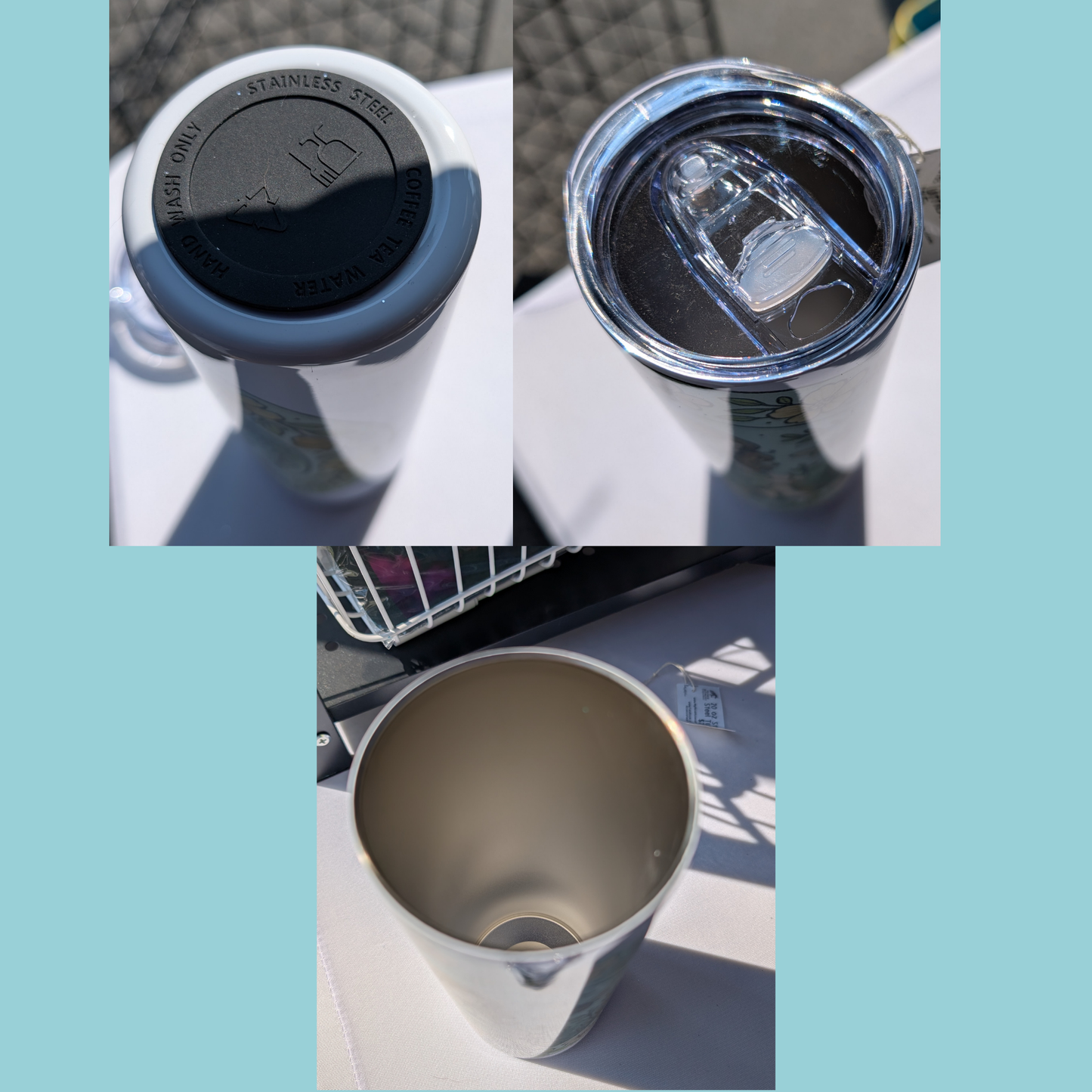 Medusa Stainless Steel 20 oz Tumbler back view. Here you see the background dark grey almost black color. Fantasy Gifts for readers