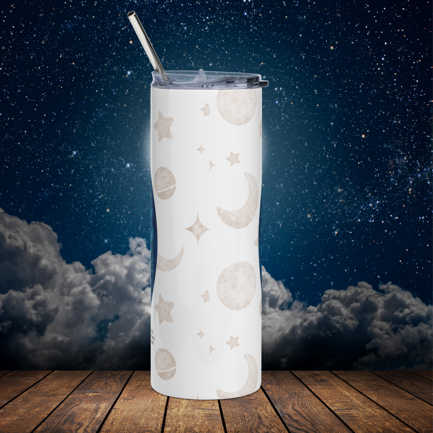 Raven Queen Stainless Steel Tumbler back view. White tumbler with stars, crescent moons, and full moons in a light grey. The BPA free plastic lid is on and you see the metal straw at the top.  Celtic Mythology Reader's Gift