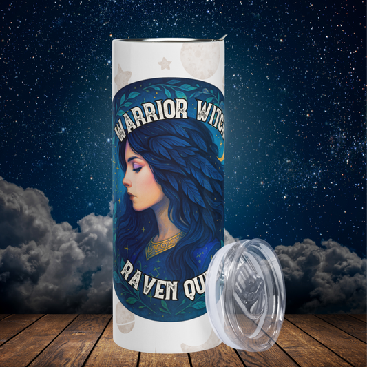 Raven Queen Stainless Steel 20 oz Tumbler front view. White Tumbler with grey occult symbols in the background. Graphic is a large celestial dark blue circle with vines. Within the circle is a women with long flowing black hair made out of black feathers. She has on a gold Celtic Torc against a dark blue top with gold symbols. She is facing to the left. Above and curved within the circle the text reads Warrior Witch. Below her curved up with the circle is the text Raven Queen. Book Lovers Gift
