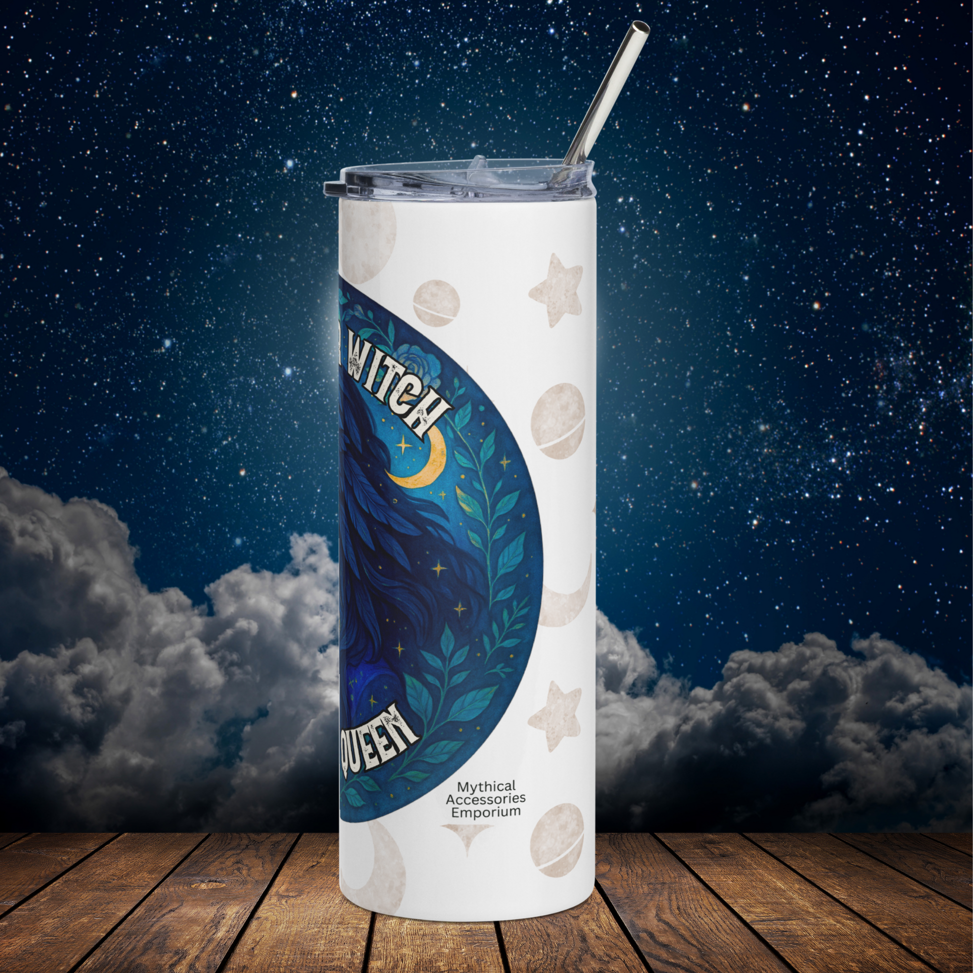 Raven Queen Stainless Steel Coffee Tumbler 20 oz right side. White tumbler with moons and stars background. Metal straw rises out of the tumbler. Right side of graphic shows black hair of raven feathers, a crescent moon, parts of the text, and vines that form a border inside the circle.  Pagan Dark Academia