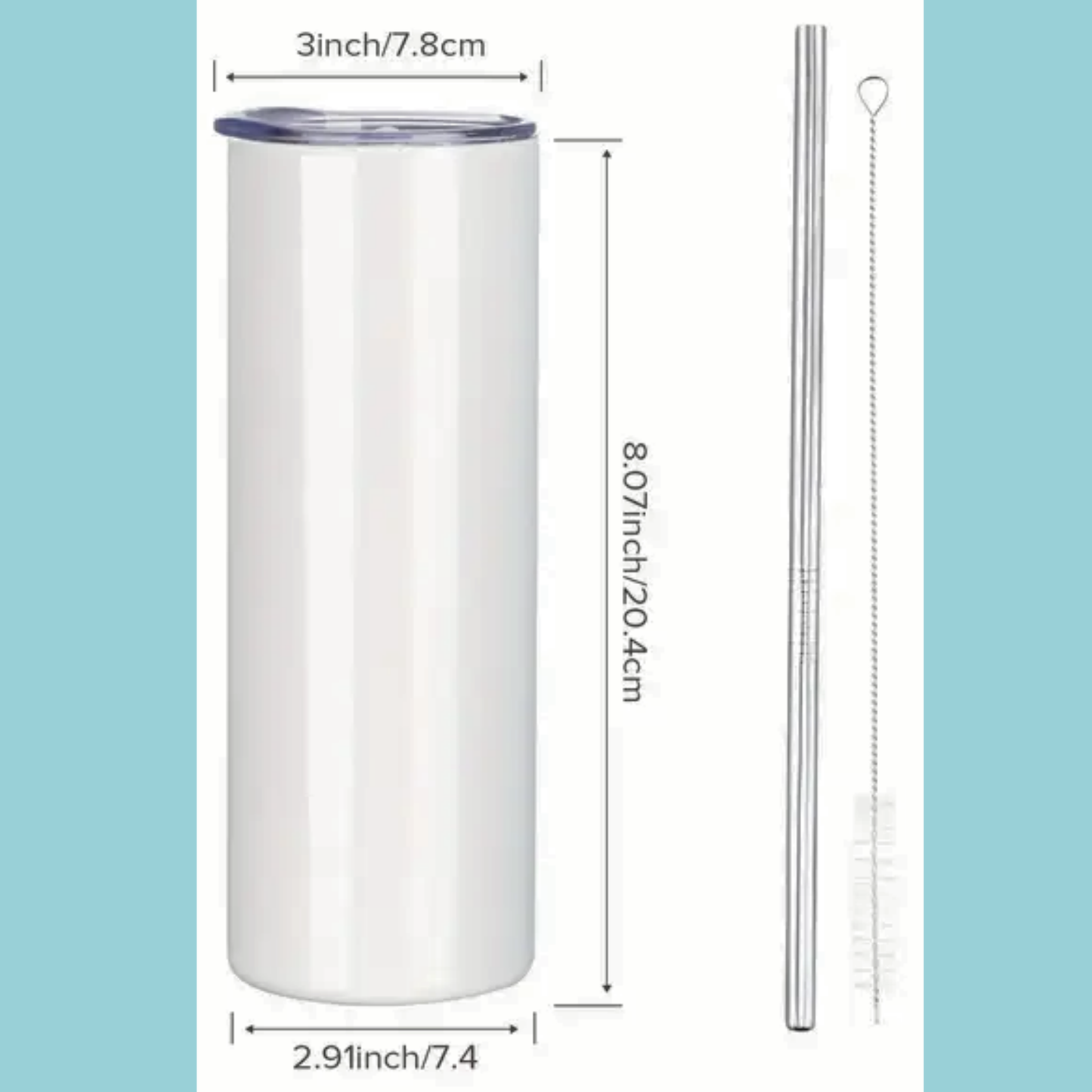 You see a white tumbler with lines and measurements. The lid is 3 inches across. The tumbler is 8.07 inches high and 2.91 inches across. Included are pictures of the metal straw and cleaning brush that come with the tumbler.