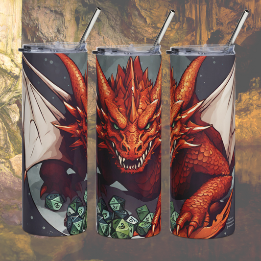 Red D20 Dragon Stainless Steel 20 oz Tumbler. View of the left, front, and right sides. Metal straw can be seen at the top above the edges of the lid. Fierce red dragon with horns, green eyes, and sharp teeth. Leathery wings spread to each side it stalks forward over a treasure pile of TTRPG dice. Dungeons and Dragons D20 Tumbler