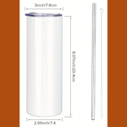 A white stainless steel 20 oz tumbler without graphic. The BPA free plastic lid is 3 inches across. The insulated tumbler is 2.91 inches wide and 8.07 inches tall. Included is a metal straw and cleaning brush.