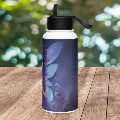 Right Side view of stainless steel 32 oz water bottle. You can see the side view of the wings, dark purple to black sky and purple florals.