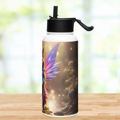 Right side view of the stainless steel water bottle. You can see the right wing of the fairy cat. Water is brightly lit on this side and glows. You can see the bank with flowers growing out of the bank.