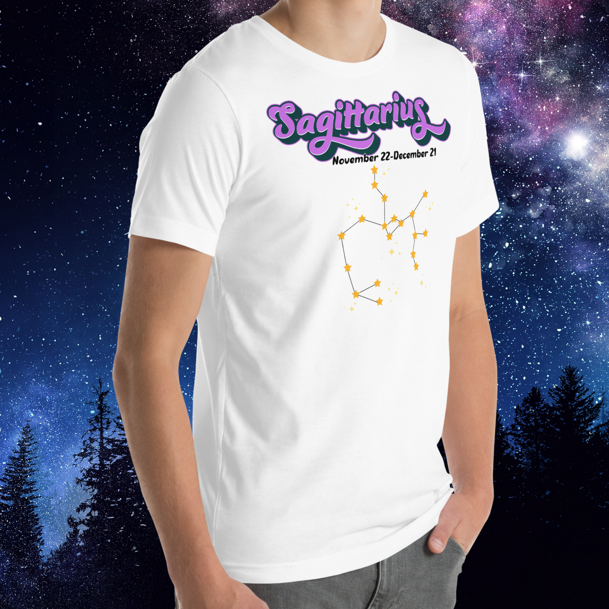 Right side view of model wearing white men's Sagittarius Tee. This astrology T-Shirt has the word Sagittarius in large purple script shadowed in black for a 3-D effect. Below this it Says November 22-December 21. Under Sagittarius is the zodiac star constellation with yellow stars connected by a black line and lighter yellow smaller stars surrounding this. The perfect December or November Birthday Gift for him or yourself.