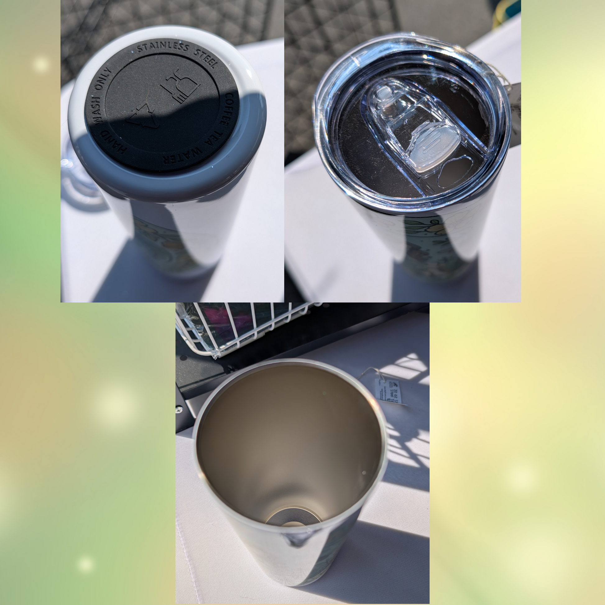This image shows three separate sides of the tumbler. The bottom of the tumbler has a silicone pad, the top shows the top and sliding function of the lid to reveal the hole for drinking or for the straw, and you are able to see the interior of the 20 oz food grade stainless steel tumbler.
