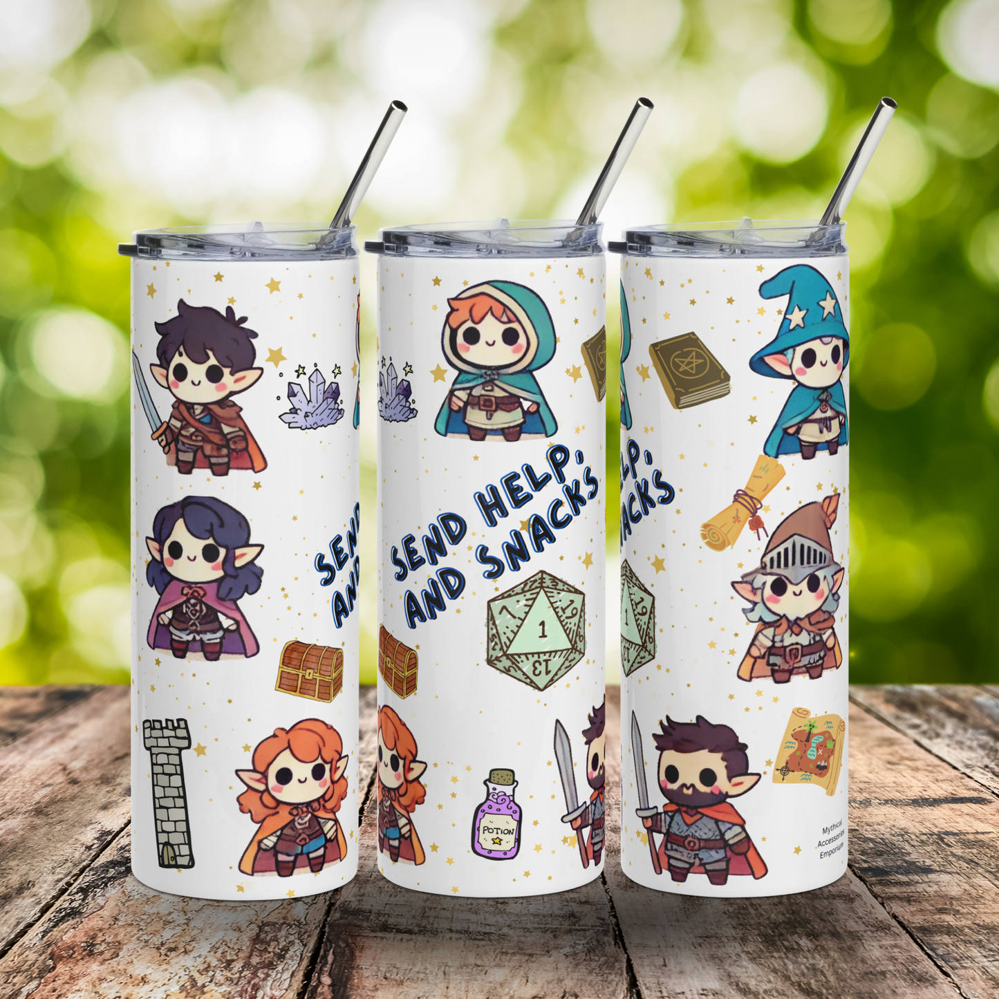 TTRPG Character Tumbler 20 oz. Collage of the left, front, and right side to show the entire graphic. White stainless steel tumbler with kawaii TTRPG or DND characters with a green D20 and the text "Send Help and Snacks" Dungeons and dragons accessories