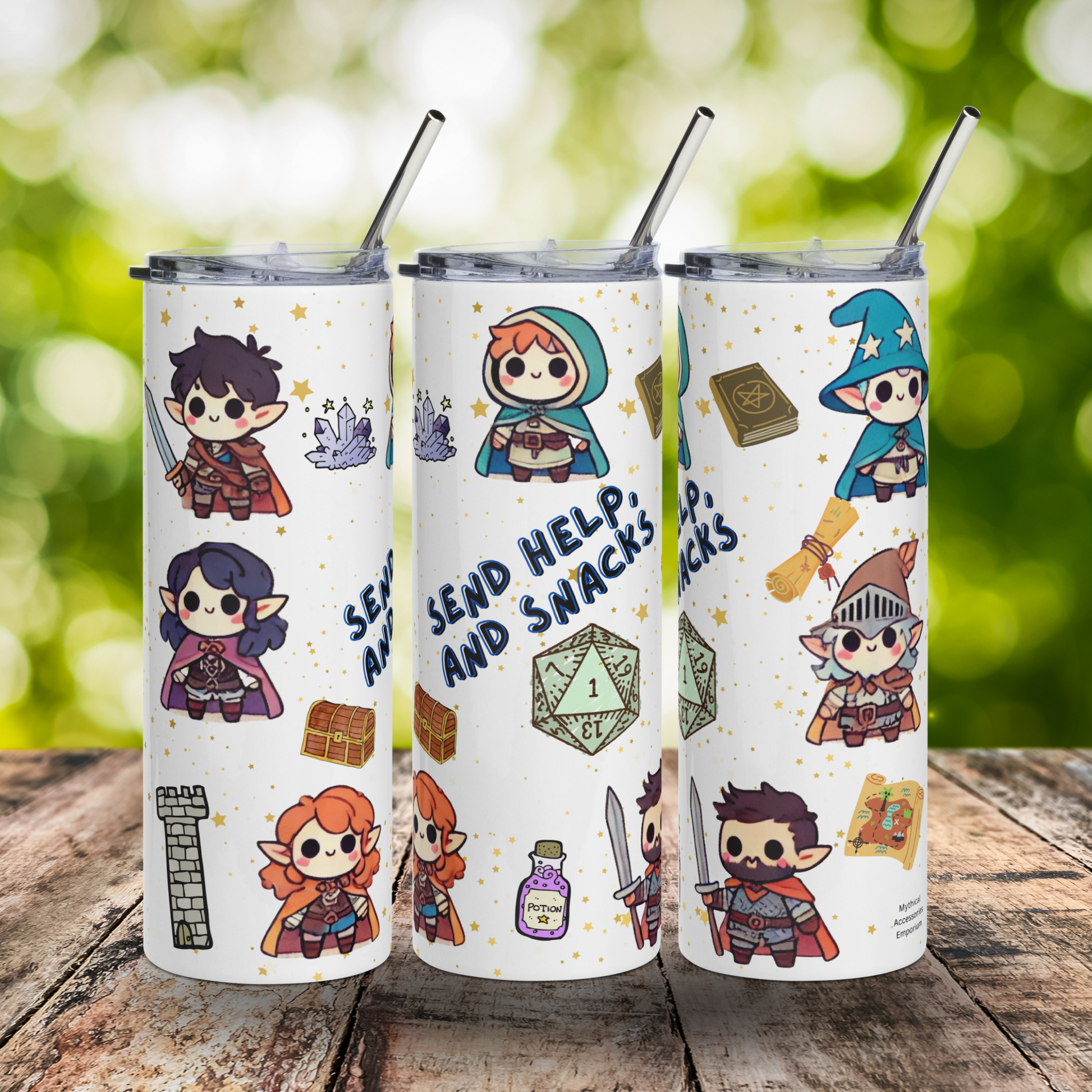 TTRPG Character Tumbler 20 oz. Collage of the left, front, and right side to show the entire graphic. White stainless steel tumbler with kawaii TTRPG or DND characters with a green D20 and the text "Send Help and Snacks" Dungeons and dragons accessories