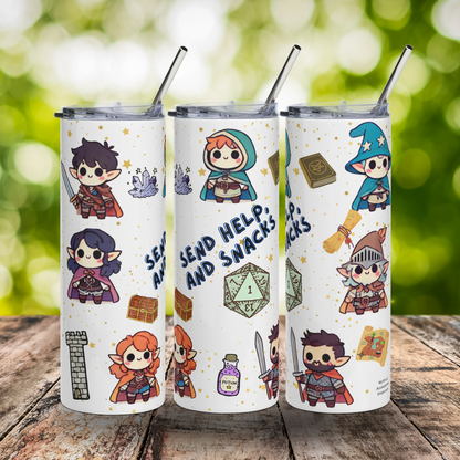TTRPG Character Tumbler 20 oz. Collage of the left, front, and right side to show the entire graphic. White stainless steel tumbler with kawaii TTRPG or DND characters with a green D20 and the text "Send Help and Snacks" Dungeons and dragons accessories