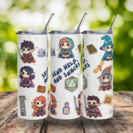 TTRPG Character Tumbler 20 oz. Collage of the left, front, and right side to show the entire graphic. White stainless steel tumbler with kawaii TTRPG or DND characters with a green D20 and the text "Send Help and Snacks" Dungeons and dragons accessories