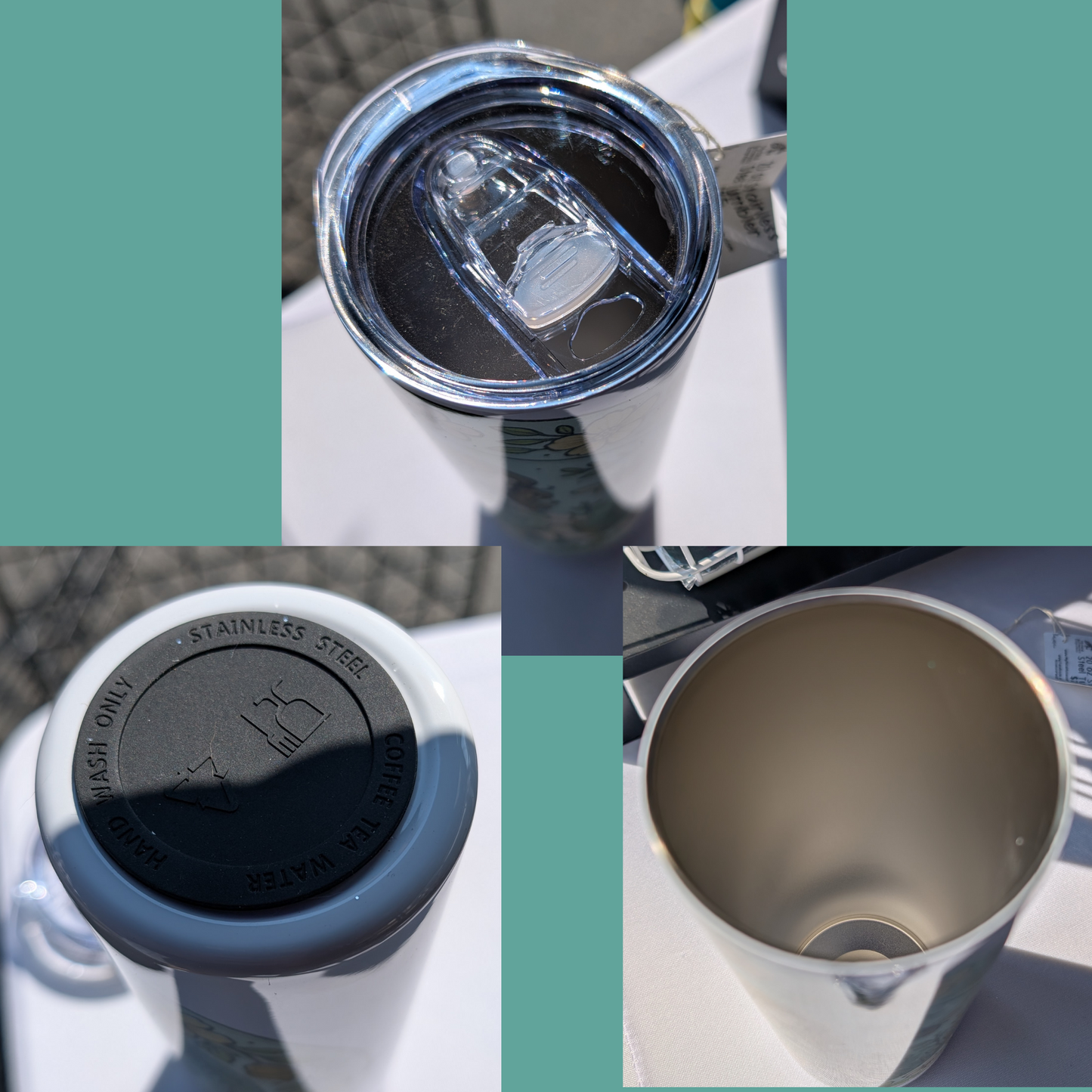 TTRPG Character Mug Collage of the top, bottom, and inside of the stainless steel 20 oz Tumbler. Top view of lid on the bottle with the slider open to show the hole you would drink out of or put in the straw. Bottom view shows a black silicone pad for stability. Inside view of the straight 304 food grade insulated tumbler.  Gamer Gifts