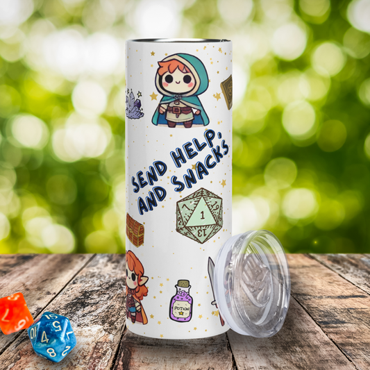 TTRPG Character Tumbler 20 oz front view with lid leaning on the right side.  Bluish green D20 rolled to a 1. Above this is the text, "Send Help and Snacks". Above this is a kawaii cleric with red hair, hood up on blue cloak. Potion bottle, treasure chest, sword, crystals, and the side of a red haired rogue is visible. DND gifts for DM