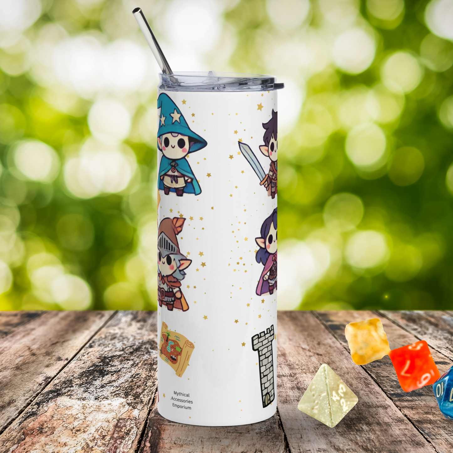 TTRPG Character Tumbler Back view of white bottle with yellow/gold stars. On the left you see part of the wizard, rogue, and a map. To the right you see part of the thief, cleric, and castle tower. Warhammer 20 oz Tumbler
