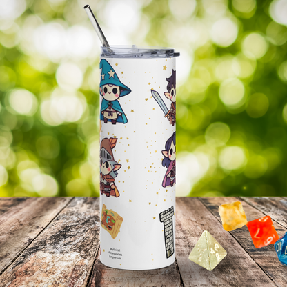 TTRPG Character Tumbler Back view of white bottle with yellow/gold stars. On the left you see part of the wizard, rogue, and a map. To the right you see part of the thief, cleric, and castle tower. Warhammer 20 oz Tumbler