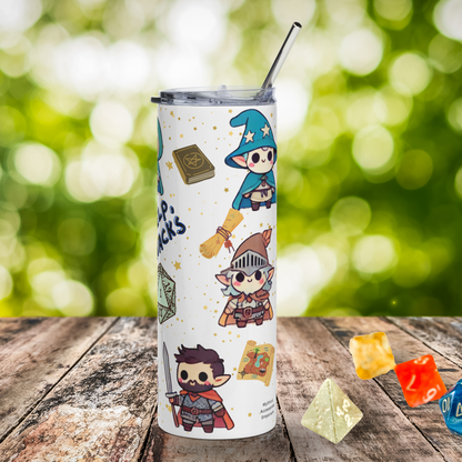 TTRPG Character Tumbler left side. White water bottle with yellow/gold stars. Wizard in a blue pointed hat with stars, pointed ears, and blue cloak. Chibi Paladin with dark hair and beard, holding a sword, wearing armor, and a red cloak. Chibi Warrior/Ranger with a brown pointed hat, helm, silver/white hair, pointed ears, brown cloak. You see the right side of the D20, a spell book, scroll, and a map. DND Gifts for DM Friend Gift