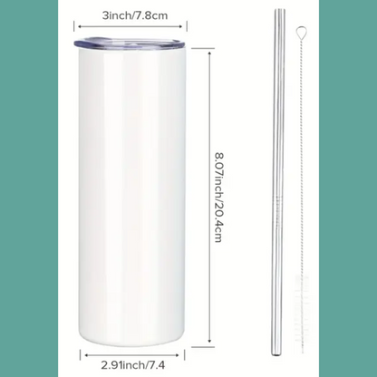 TTRPG Character Tumbler Infographic showing measurements. The tumbler is 8.07 inches tall. The tumbler is 2.91 inches wide. The lid is 3 inches wide. Includes a metal straw and cleaning brush.