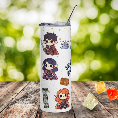TTRPG Character Tumbler right side view of white water bottle. Background of white with yellow stars. Kawaii thief holding sword, pointed ears, dark hair. Below him is a female character with pointed ears, long dark hair, red cloak. Red haired female character with pointed ears, orange cloak. You see crystals, treasure chest, and a castle tower. Gamer Gifts