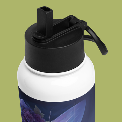 Top of the black lid of the purple iris fairy stainless steel tumbler. Straw is flipped out and you can see where the straw fits into the lid.
