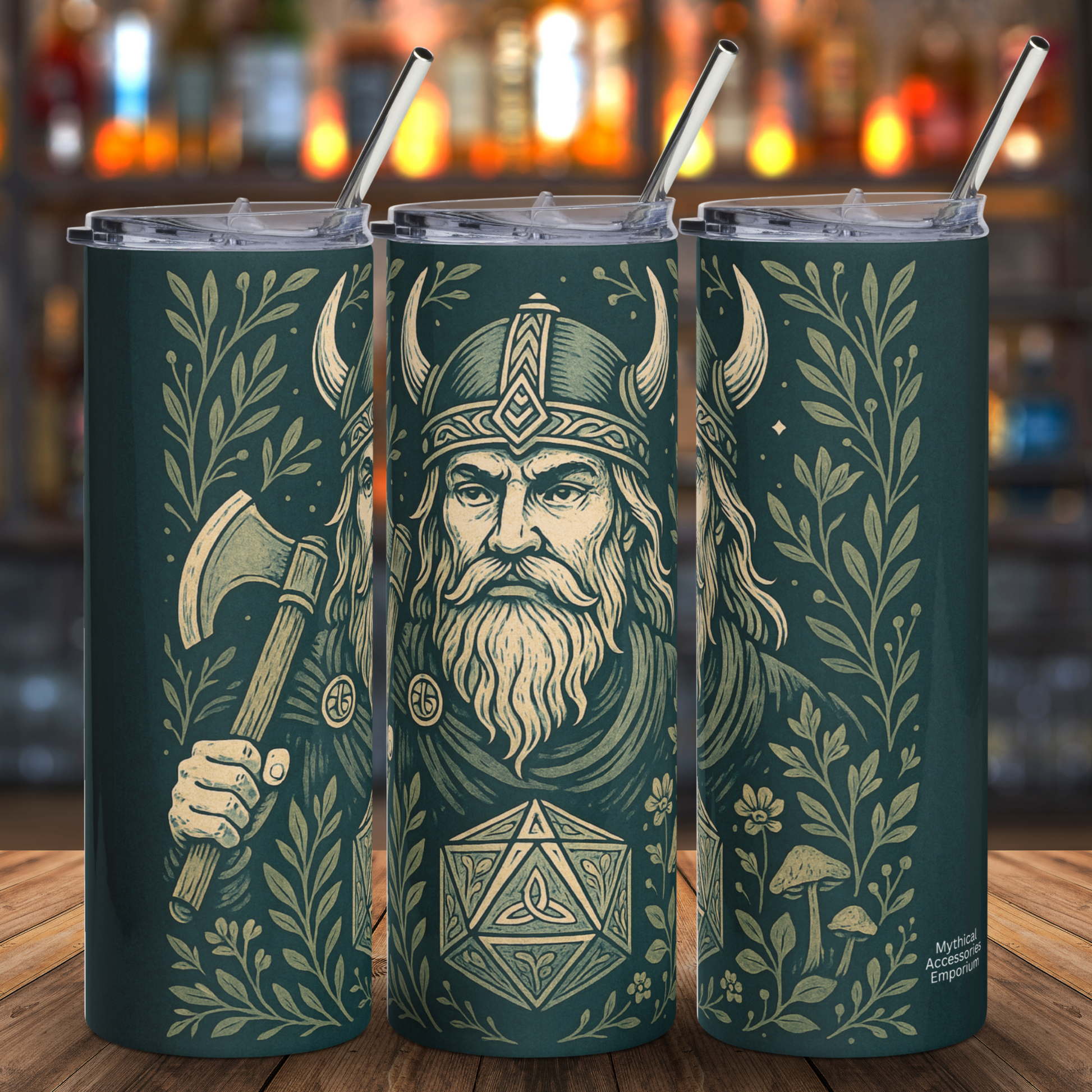 Collage of the Tumbler Viking D20. In the collage you see the right side, front, and left side of the tumbler The tumbler has the push on lid on the top with the metal straw coming out of it.  The tumbler is a deep green with a Viking Warrior wearing a horned helmet, long beard and mustache, carrying a battle axe. Below the Viking's face is a D20 with botanical feeling runes instead of numbers.  Surrounding this are botanical leaves, vines, flowers, and mushrooms. The image is done in monotone gold creams.