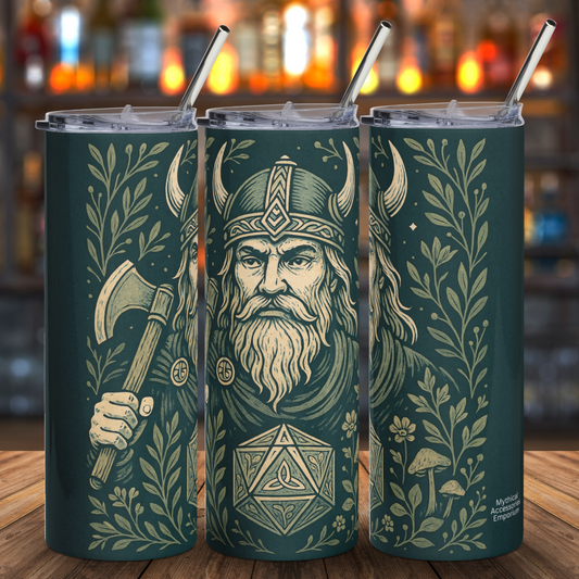 Collage of the Tumbler Viking D20. In the collage you see the right side, front, and left side of the tumbler The tumbler has the push on lid on the top with the metal straw coming out of it.  The tumbler is a deep green with a Viking Warrior wearing a horned helmet, long beard and mustache, carrying a battle axe. Below the Viking's face is a D20 with botanical feeling runes instead of numbers.  Surrounding this are botanical leaves, vines, flowers, and mushrooms. The image is done in monotone gold creams.