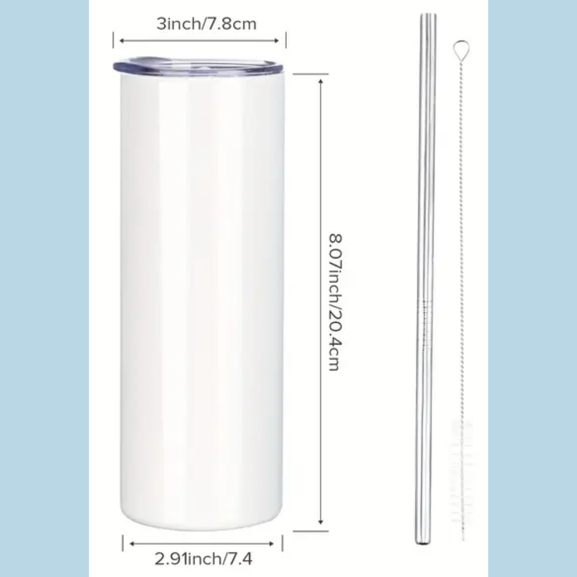 White tumbler with dimensions and a metal straw an cleaning brush for the straw on a light blue background. Tumbler measures 2.91 inches in diameter. It is 8.07 inches high. The lide is 3 inches wide. 