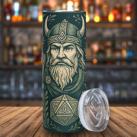Viking D20 Tumbler 20 oz with lid leaning against the right side. Dark green Tumbler front view of barbarian with horned helmet, long beard and mustache. Under is a D20 with botanical runes in place of numbers.  Dungeons and Dragons Gift