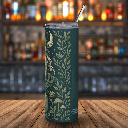 Viking D20 Stainless Steel 20 oz Tumbler right side view. Part of the d20, right side of helmet with a horn, vines and mushrooms are visible. Dark green tumbler. Fantasy Gaming Paladin Water Bottle