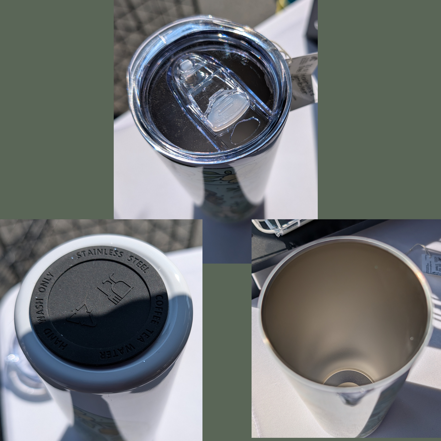 Collage of stainless steel tumbler. Top with lid, bottom with silicone bottom, and inside of the 304 food grade stainless steel Water bottle