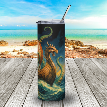20 oz stainless steel tumbler travel mug. Right side of the longship rises up from the ocean swells with a fierce dragon head. A small part of the right side of the red and white sail is visible. The ocean crashes around the ship with a dark background of storm clouds. Rising above the sail you see a green tentacle with rows of suckers. To the front of the ship you see another tentacle rising out of the sea. DND Gifts for Him