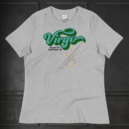 Front view of flat athletic heather (grey) women's Virgo Tee. This astrology Virgo T-Shirt has the word Virgo in large turquoise script shadowed in deep green for a 3-D effect. Below this it Says August 23-September 22. Under Virgo is the zodiac star constellation with yellow stars connected by a black line and lighter yellow smaller stars surrounding this. The perfect August or September Birthday Gift for Her or yourself.