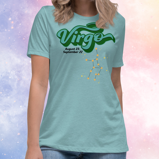 Front view of model wearing Heather blue lagoon women's Virgo Tee. This astrology Virgo T-Shirt has the word Virgo in large turquoise script shadowed in deep green for a 3-D effect. Below this it Says August 23-September 22. Under Virgo is the zodiac star constellation with yellow stars connected by a black line and lighter yellow smaller stars surrounding this. The perfect August or September Birthday Gift for Her or yourself.