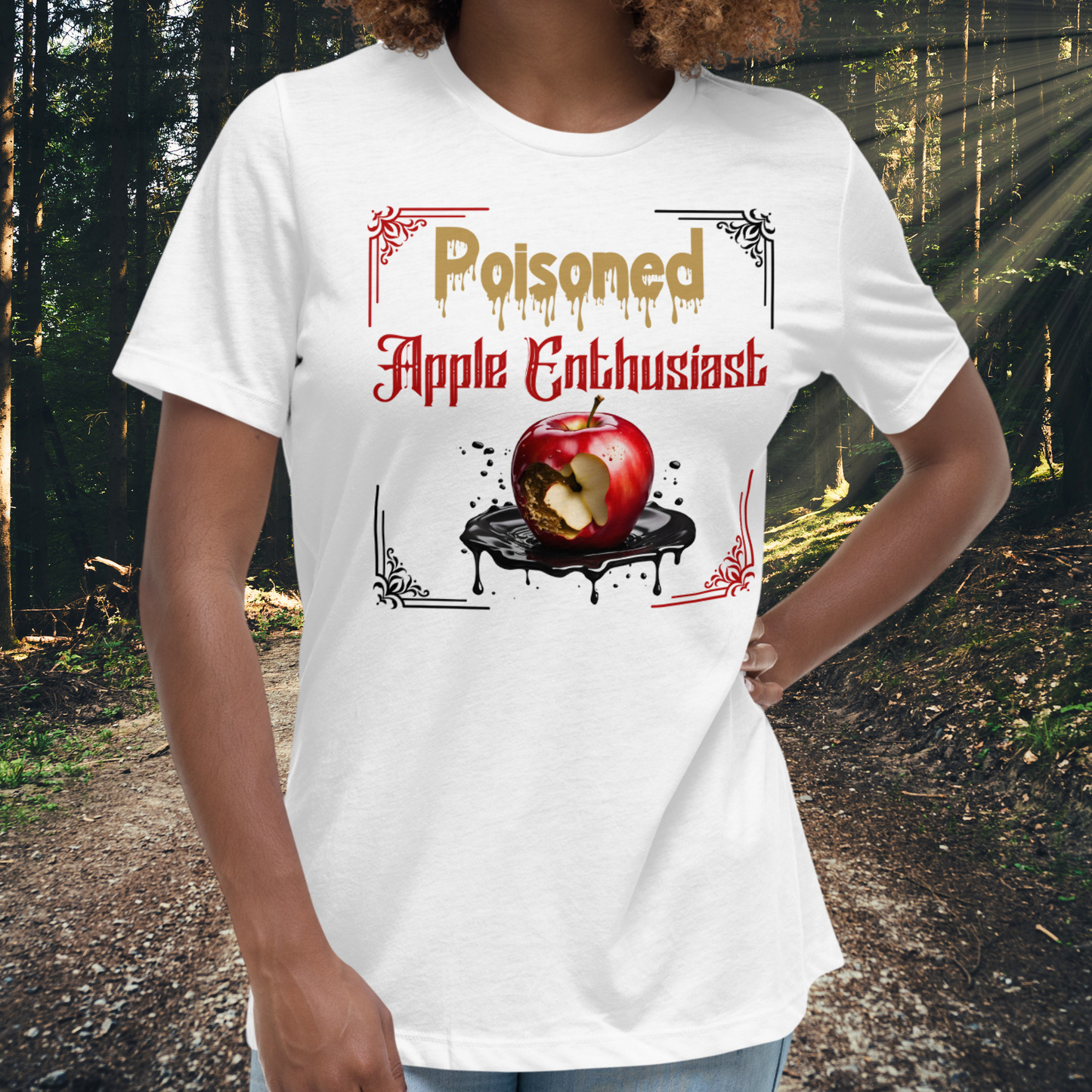 Front View White women's Poison Apple Enthusiast above a decaying apple sitting in a black pool of poison framed in red and black