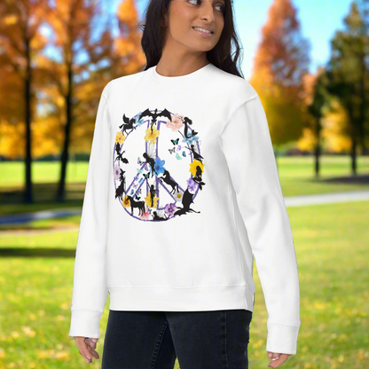 Side Front View Womens White Fantasy Peace Sign Women's Sweatshirt. Purple Peace Sign Outline filled with fantasy creatures dragons, mermaids, fairies, pegasus, a witch, butterflies, and flowers. 