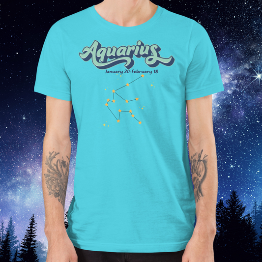 Men's front view Aquarius T-shirt in turquoise. Light blue Aquarius script outlined in deeper blue for a 3-D shadow effect. Below this is January 20- February 18. At the bottom is the Aquarius zodiac constellation with orange yellow stars connected by a black line surrounded by lighter yellow stars. Astrology Zodiac Aquarius Birthday gift for January or February.