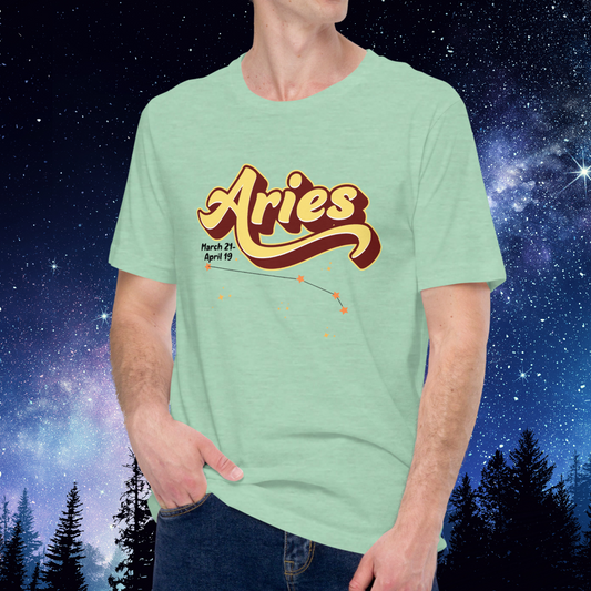 Aries front view of heather prism mint men's astrology t-shirt. At the top the word Aries in light yellow with a maroon shadow for a 3-D effect. Under the A in Aries are the dates March 21-April 19. Below this is the constellation Aries in yellow orange stars connected with a black line surrounded by light yellow stars. The perfect March or April Birthday present for him.