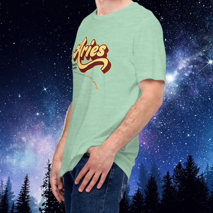 Aries left side view of heather prism mint men's astrology t-shirt. At the top the word Aries in light yellow with a maroon shadow for a 3-D effect. Under the A in Aries are the dates March 21-April 19. Below this is the constellation Aries in yellow orange stars connected with a black line surrounded by light yellow stars. The perfect March or April Birthday present for him.