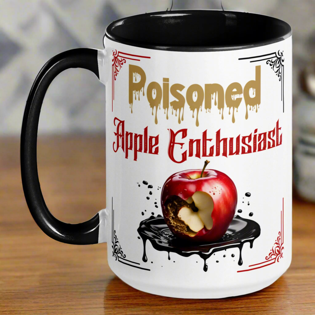 White mug w black interior and handle, Poisoned Apple Enthusiast above a decaying apple sitting in a pool of poison