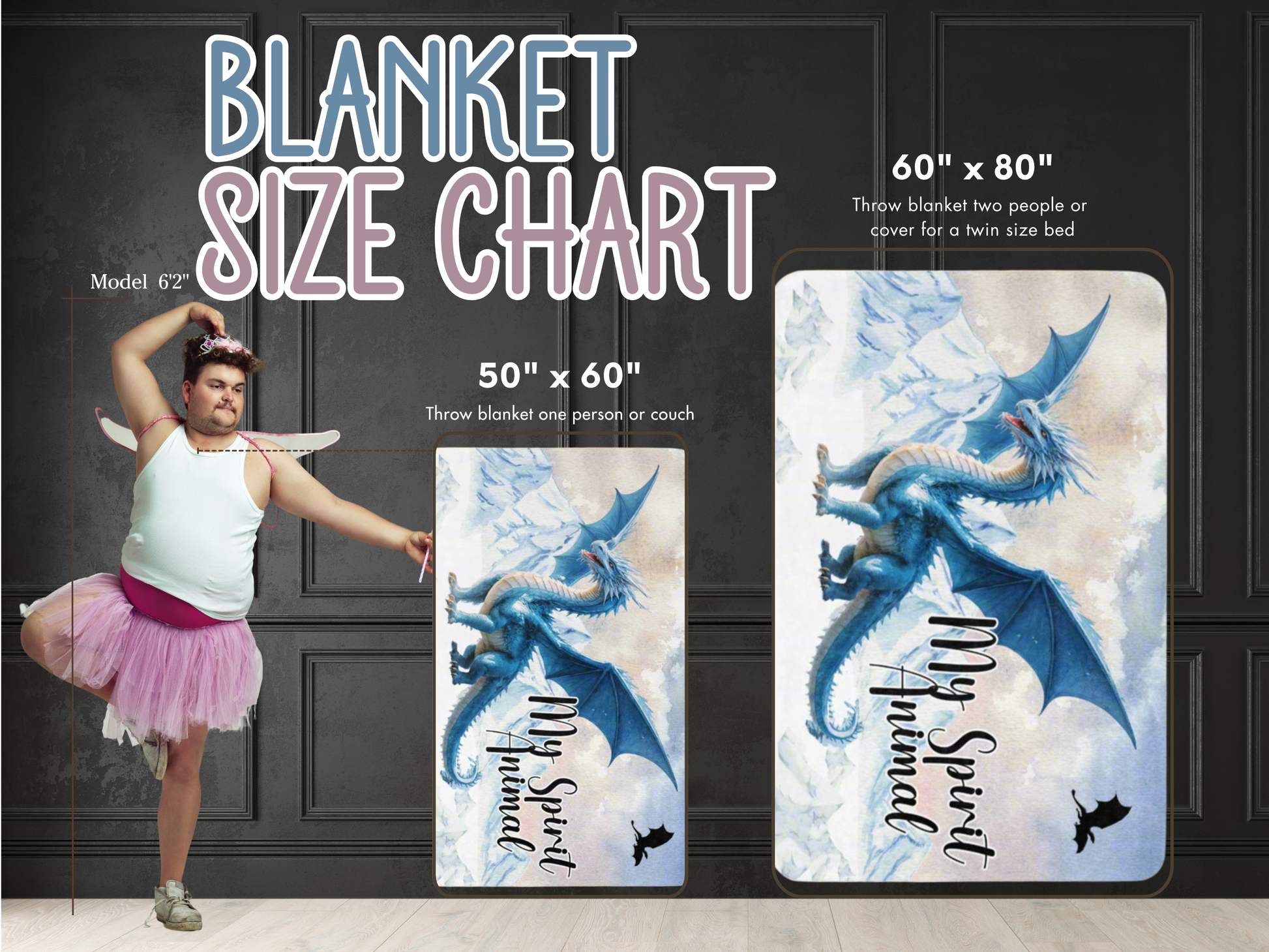 Blanket size chart with dragon design and person for scale. 50"x60" Throw blanket size for one person or couch. 60"x80" Throw Blanket size for two people or cover for a twin size bed.
