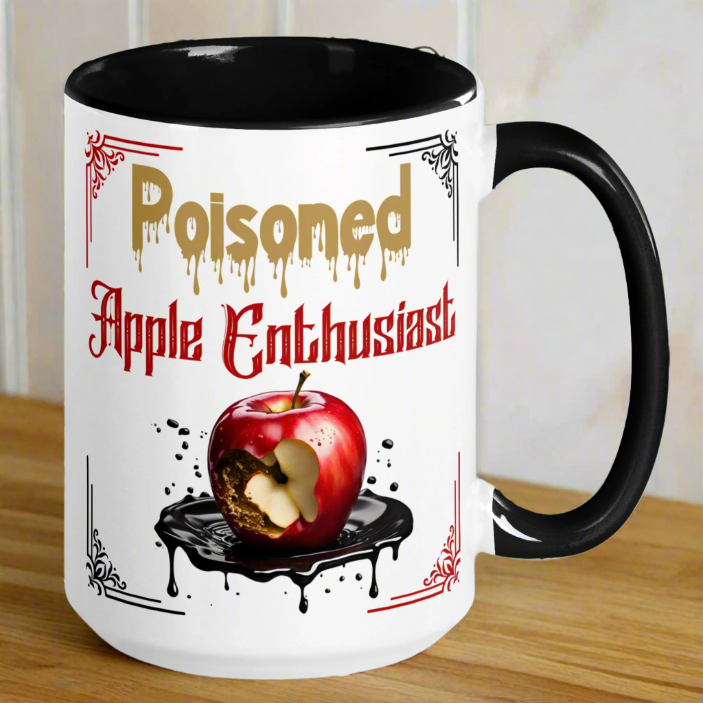 Right side of White mug w black interior and handle, Poisoned Apple Enthusiast above a decaying apple sitting in a pool of poison