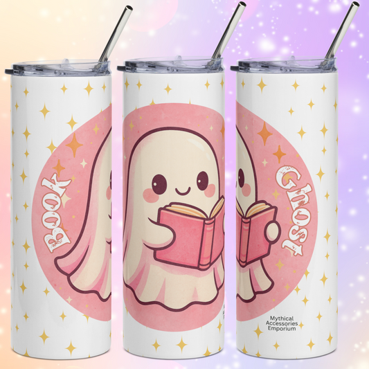 Pink Coquette Book Ghost Stainless Steel Tumbler on White Background. View of the left, front, and right side tumblers. Bubblegum pink circle with white ghost with pink shadows and rosy cheeks. The ghost is holding a pink book that is open and is reading.  In white text to the left Book and to the right Ghost. There are yellow stars in the background on the white. You can see the edges of the lid on the tumbler and the metal straw sticking out of the top.