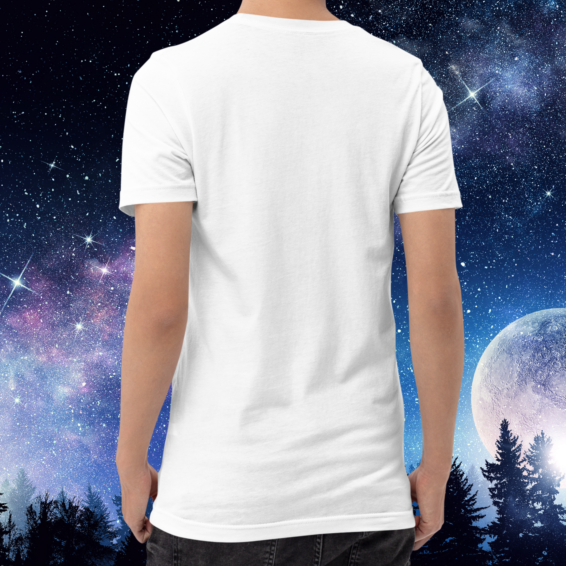 Back view of model wearing white men's Cancer Tee. The back of the shirt has no image. The crewneck, end of sleeve ends mid upper arm, and hem ends below hip on model. The perfect June or July Birthday Gift for him or yourself.
